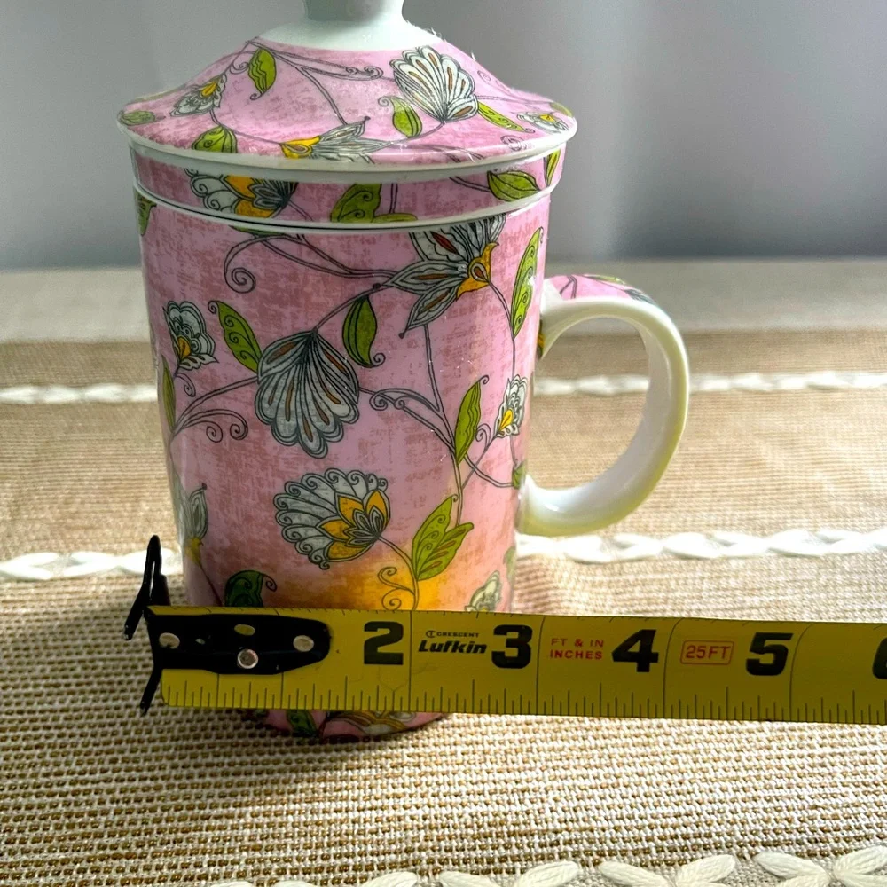 World Market Tea Cup & Infuser with Lid - 3pc Pink Flower & Leaf Floral Design - Picture 8 of 10